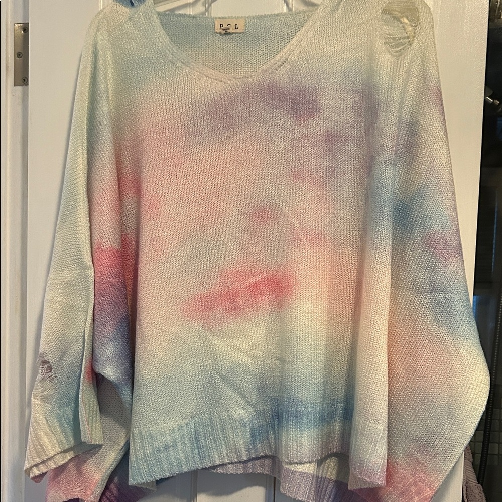 POL stunning, distressed, knit sweater, hoodie soft, muted tie-dye